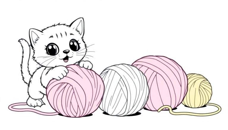 Placa de color de un gato de dibujos animados jugando con ovillos de lana.