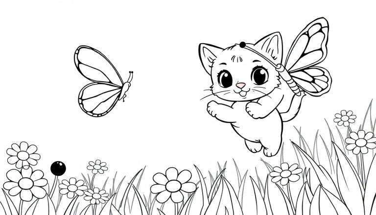 Placa de color de un gatito saltando tras una mariposa entre flores.