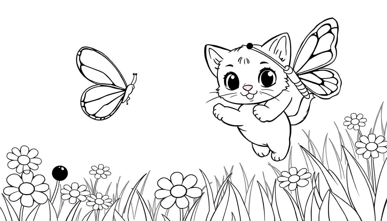 Placa de color de un gatito saltando tras una mariposa entre flores.