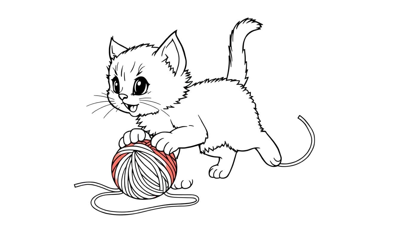Una placa de color de un gatito blanco juguetón con un ovillo de lana rojo.