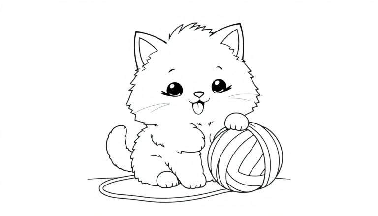 Placa de color de un gatito kawaii sentado con una bola de estambre.