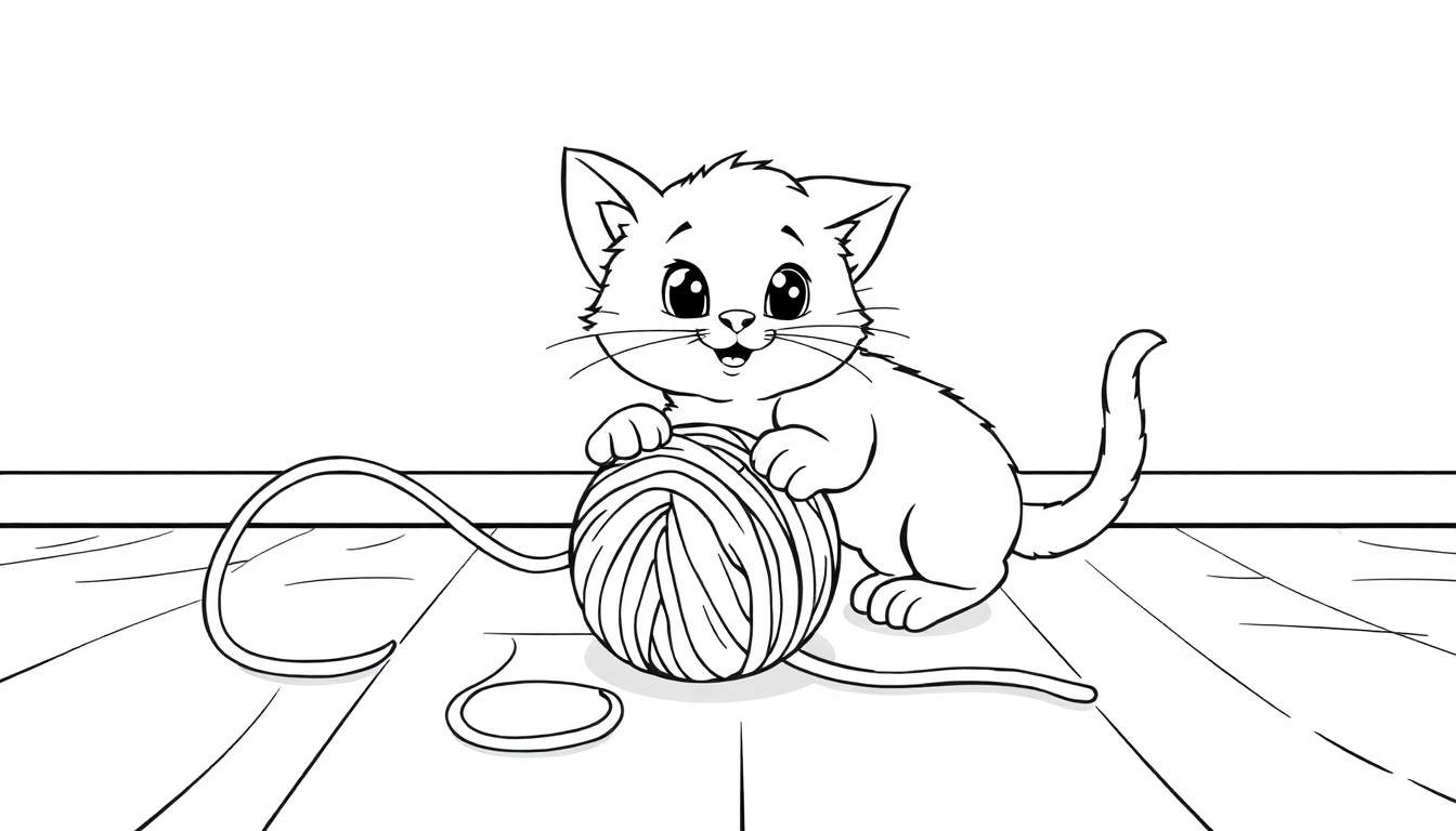 Placa de color de un lindo gatito jugando con estambre.