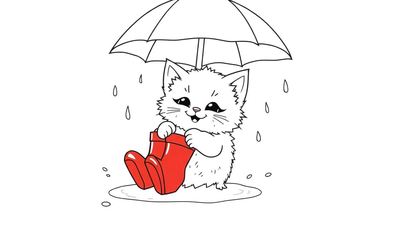 Una placa de color en blanco y negro de un gatito lindo con botas de lluvia rojas y un paraguas, parado en un charco.