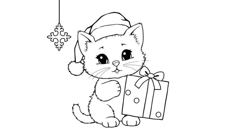 Placa de color de un gatito de dibujos animados con gorro de Papá Noel y un regalo.