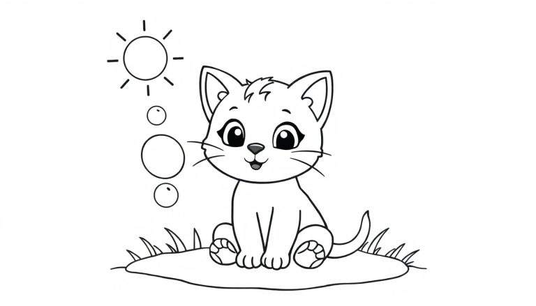 Placa de color de un gatito bonito soplando burbujas en un día soleado.