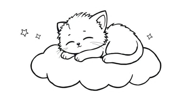 Una placa de color con un dibujo de gatito durmiendo sobre una nube.