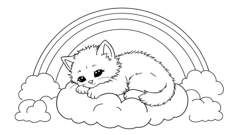 Placa de color de un gatito durmiendo en una nube con un arcoíris.