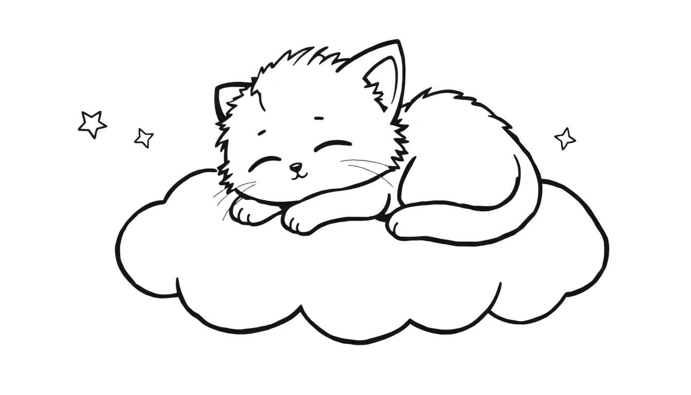 Una placa de color con un dibujo de gatito durmiendo sobre una nube.