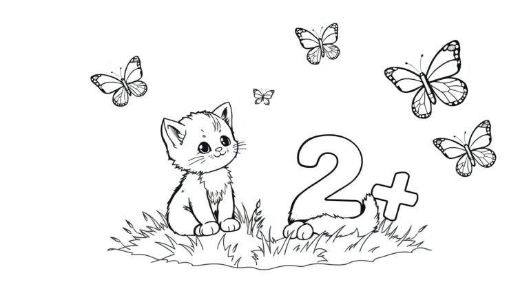 Placa de color: gatito aprendiendo a sumar con mariposas.