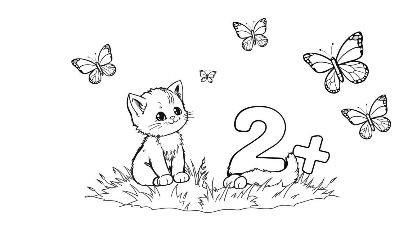 Placa de color: gatito aprendiendo a sumar con mariposas.