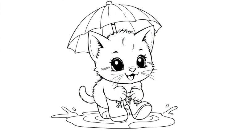 Un gatito feliz con botas de agua y paraguas en una placa de color para colorear.