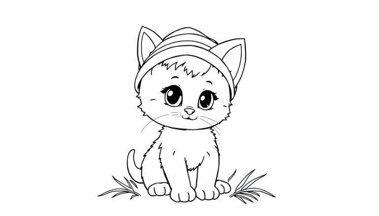 Un gatito de Belén con sombrero de pastor para colorear, en blanco y negro.