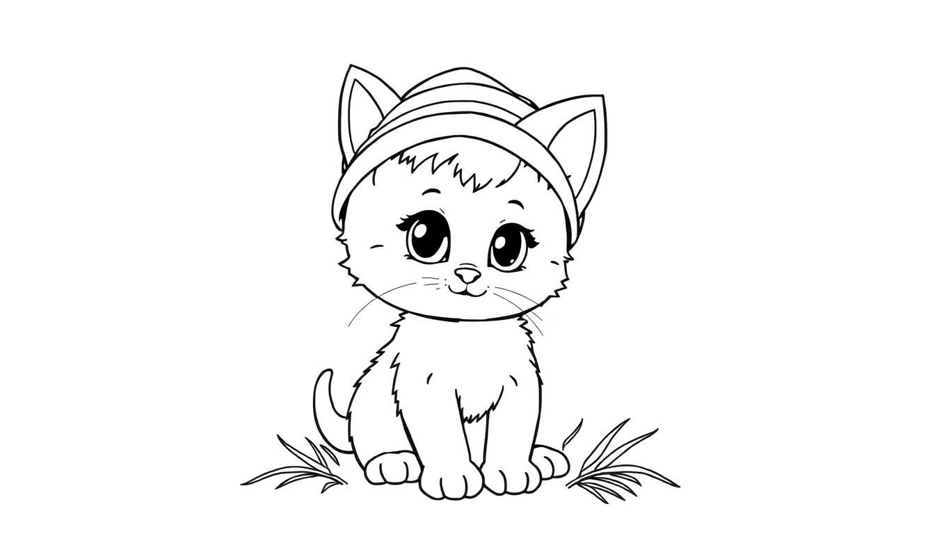 Un gatito de Belén con sombrero de pastor para colorear, en blanco y negro.