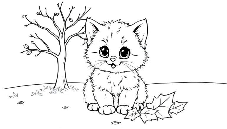 Placa de color de un gatito adorable sentado entre hojas de otoño.