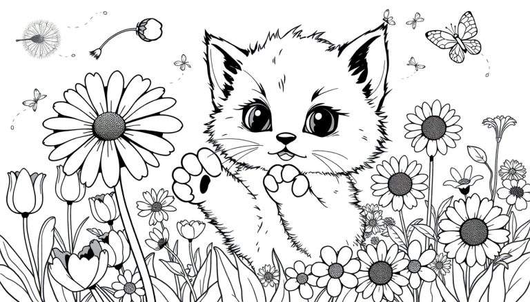 Placa de color de un gatito juguetón entre flores.