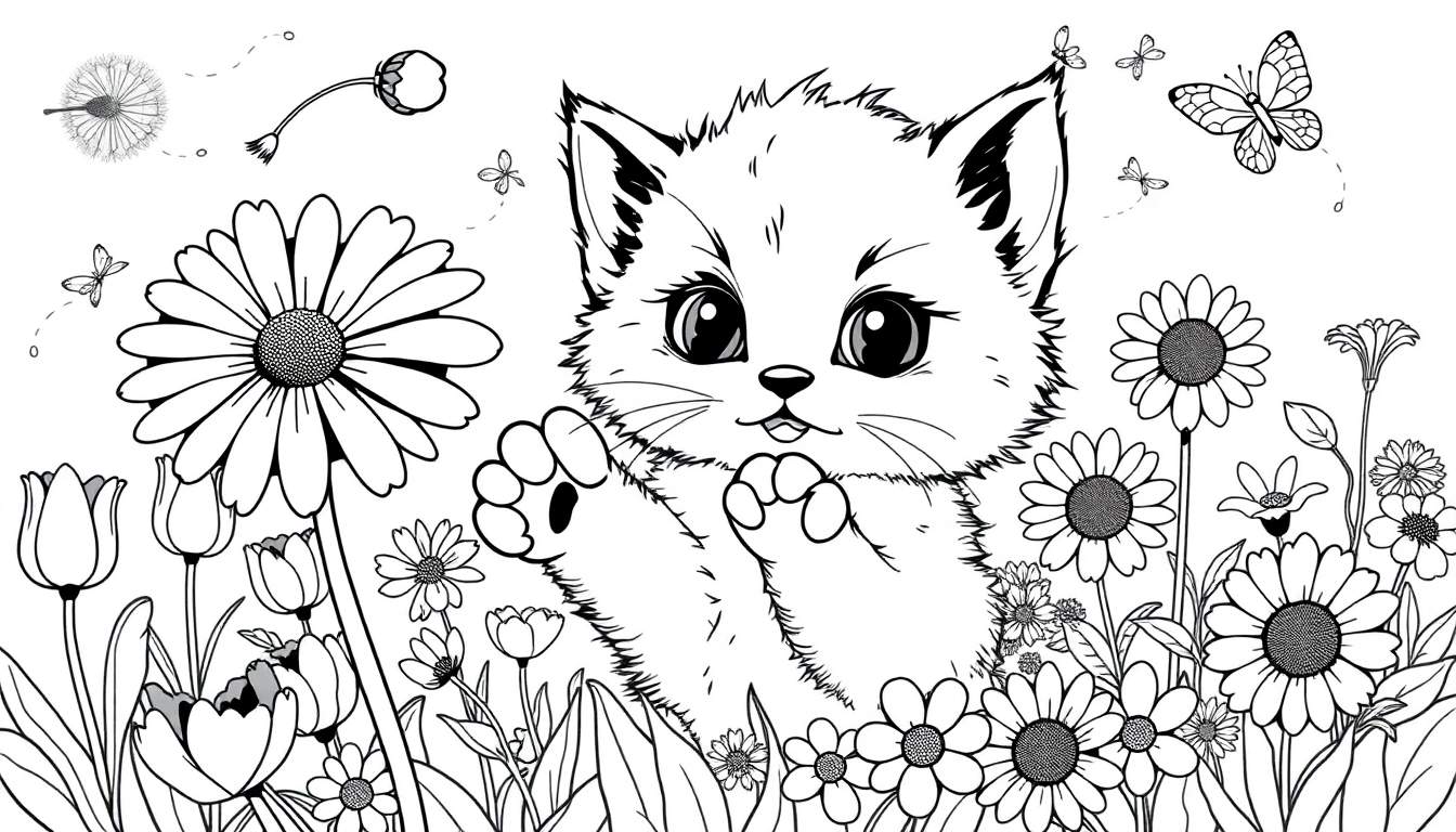 Placa de color de un gatito juguetón entre flores.