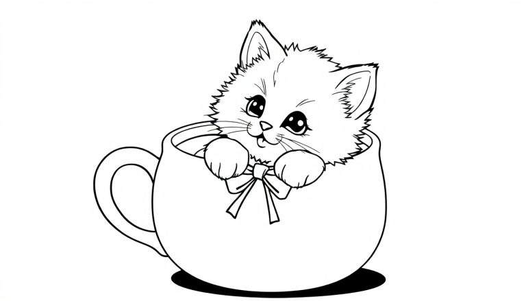 Placa de color de un gatito blanco y negro acurrucado en una taza de té.