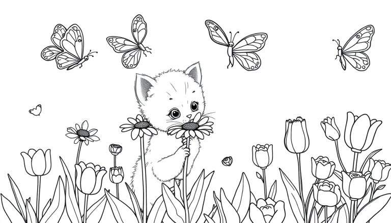 Un gatito jugando con una margarita en un jardín, listo para colorear en esta placa de color.