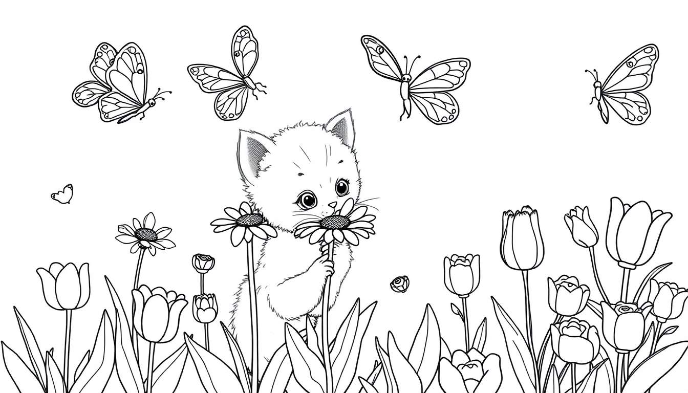 Un gatito jugando con una margarita en un jardín, listo para colorear en esta placa de color.