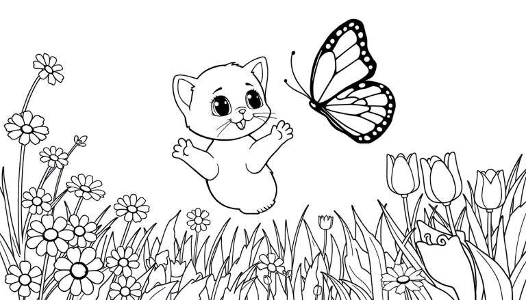 Placa de color con un gatito persiguiendo una mariposa entre margaritas y tulipanes.