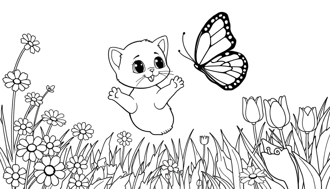 Placa de color con un gatito persiguiendo una mariposa entre margaritas y tulipanes.