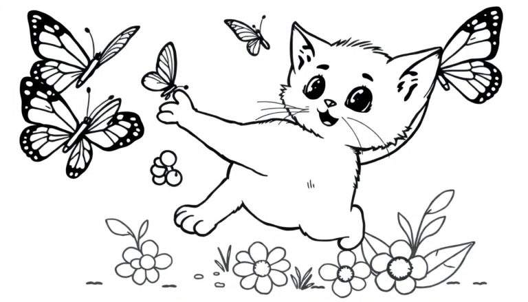 Placa de color de un gatito persiguiendo mariposas entre flores.