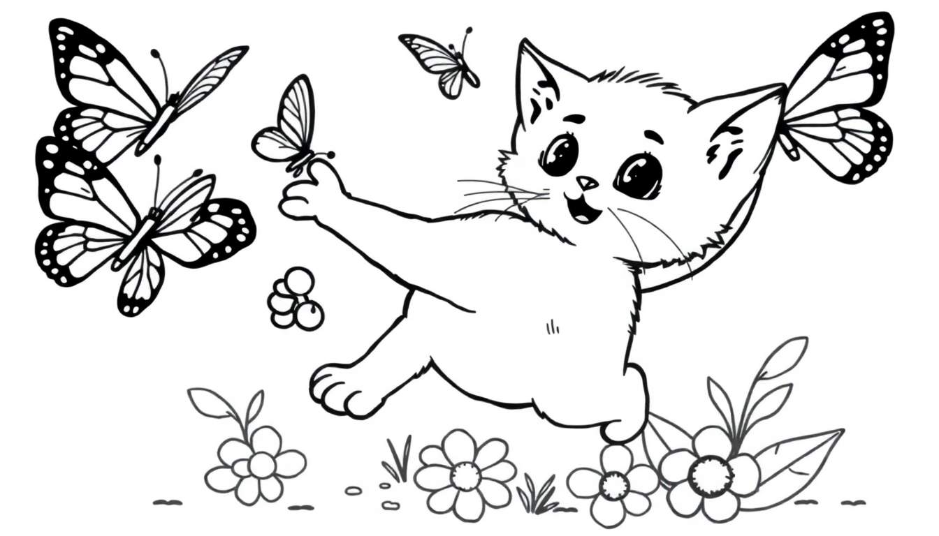 Placa de color de un gatito persiguiendo mariposas entre flores.