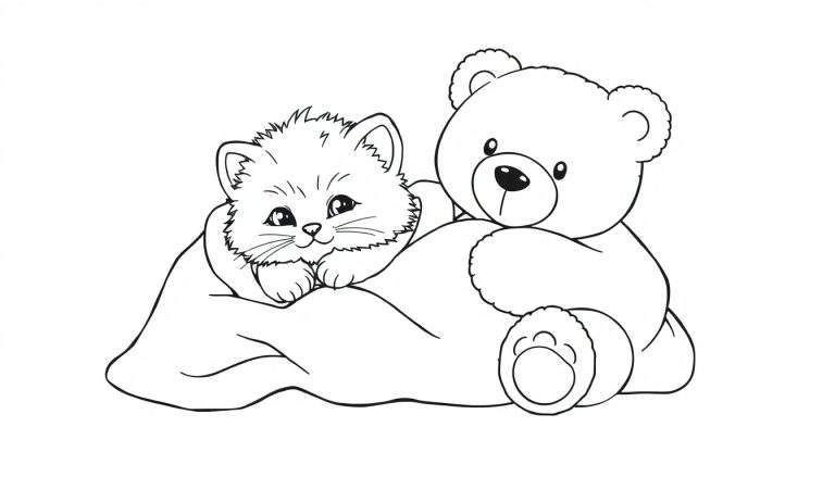 Placa de color con gatito y oso de peluche.