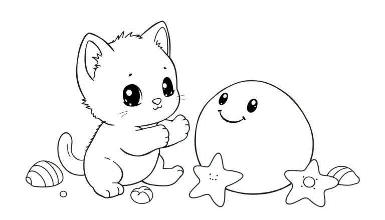 Placa de color de un gatito tierno con un pez globo en la playa.