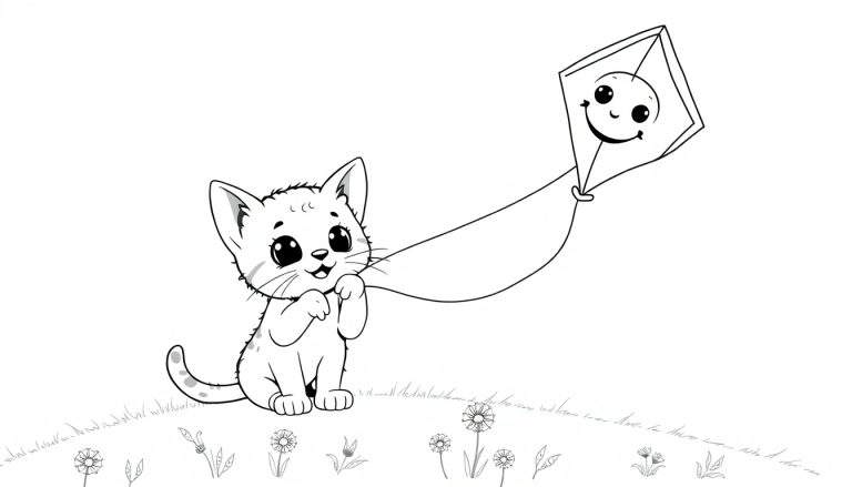 Placa de color de un gatito feliz jugando con una cometa con cara sonriente.