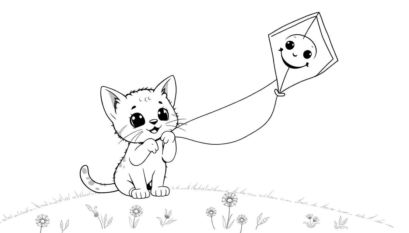 Placa de color de un gatito feliz jugando con una cometa con cara sonriente.