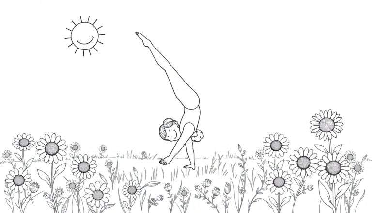 Una niña en una parada de manos rodeada de flores y un sol sonriente, lista para ser coloreada en esta placa de color.