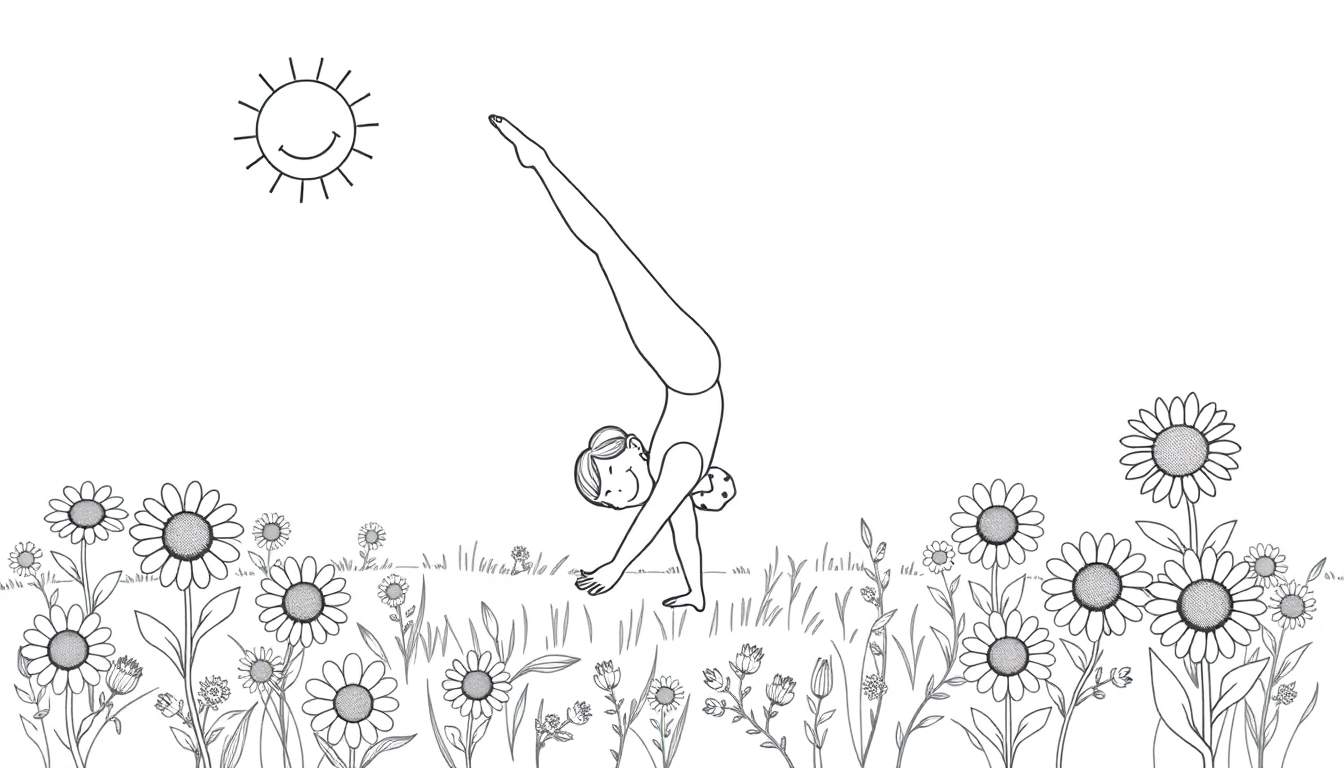 Una niña en una parada de manos rodeada de flores y un sol sonriente, lista para ser coloreada en esta placa de color.