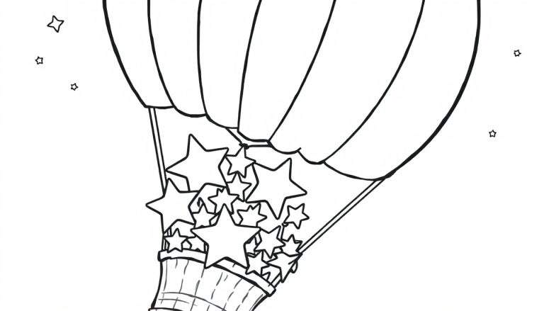 Placa de color de un globo aerostático lleno de estrellas.