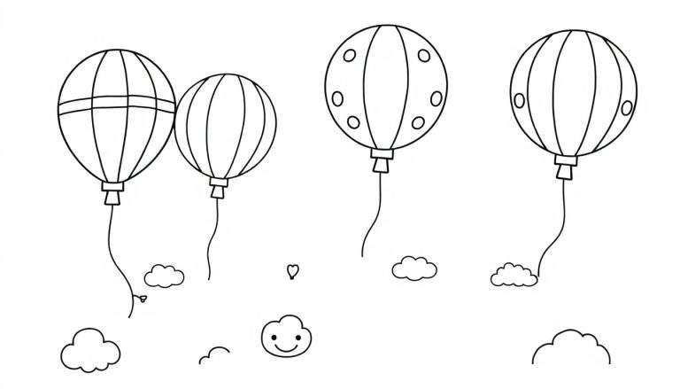 Placa de color con globos aerostáticos y nubes sonrientes.