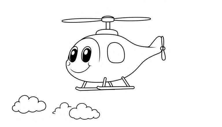 Placa de color de un helicóptero sonriente volando.