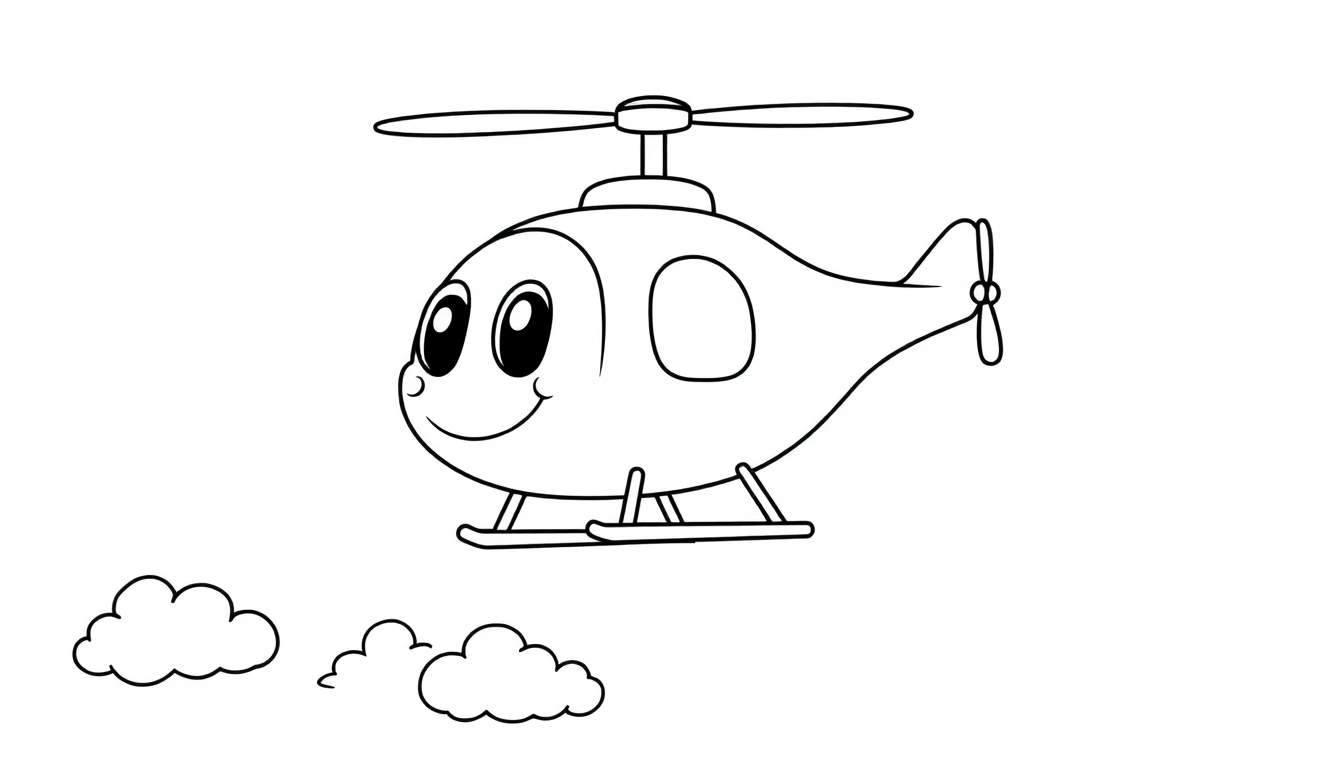 Placa de color de un helicóptero sonriente volando.
