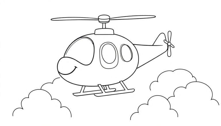 Helicóptero amigable de placa de color volando entre nubes.