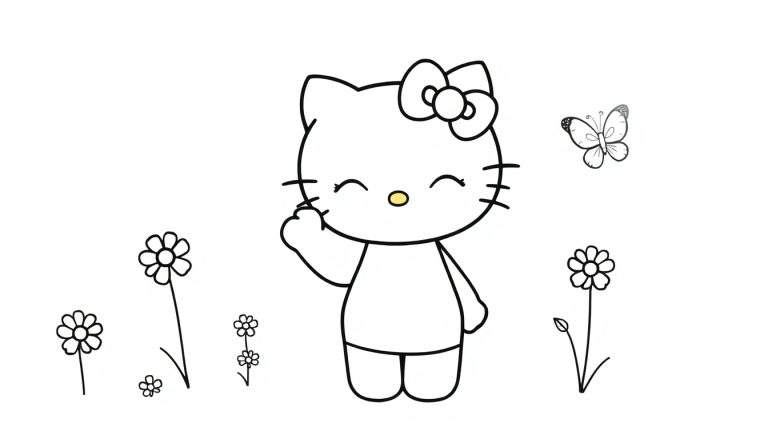 Placa de color de Hello Kitty saludando con la mano entre flores y una mariposa.