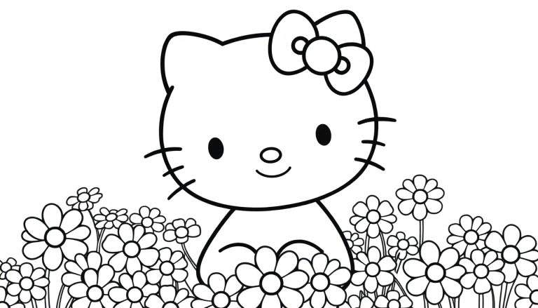 Placa de color de Hello Kitty sonriendo rodeada de flores.