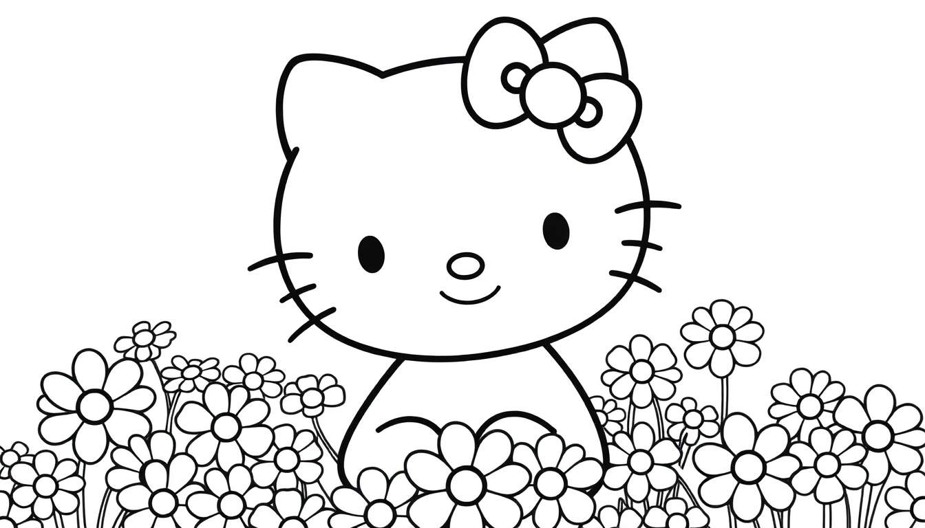Placa de color de Hello Kitty sonriendo rodeada de flores.