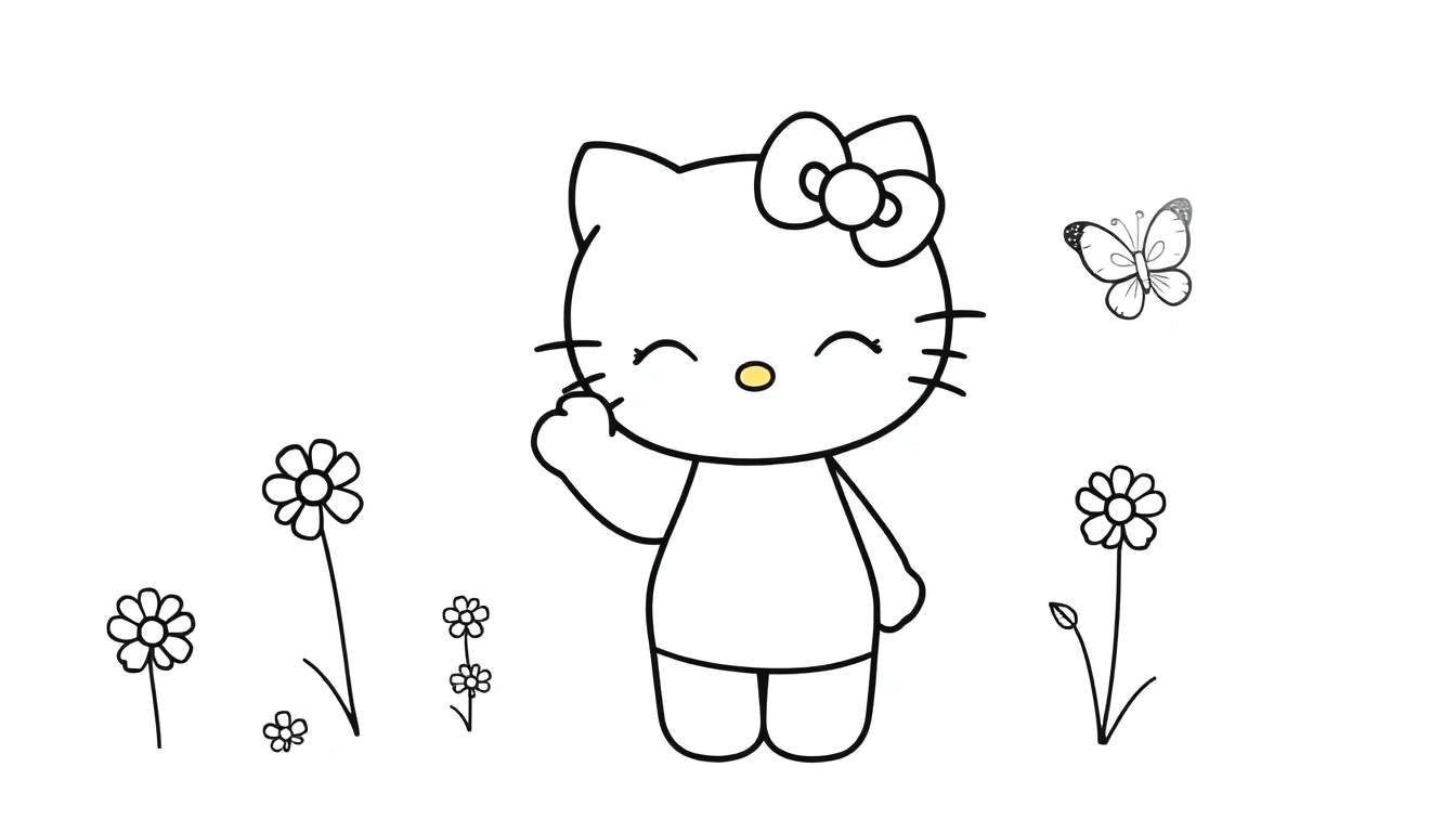 Placa de color de Hello Kitty saludando con la mano entre flores y una mariposa.