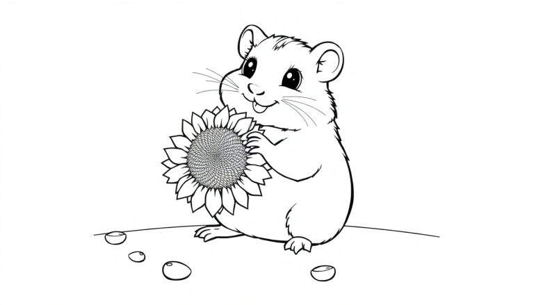 Placa de color de un hámster de dibujos animados sentado con un girasol.