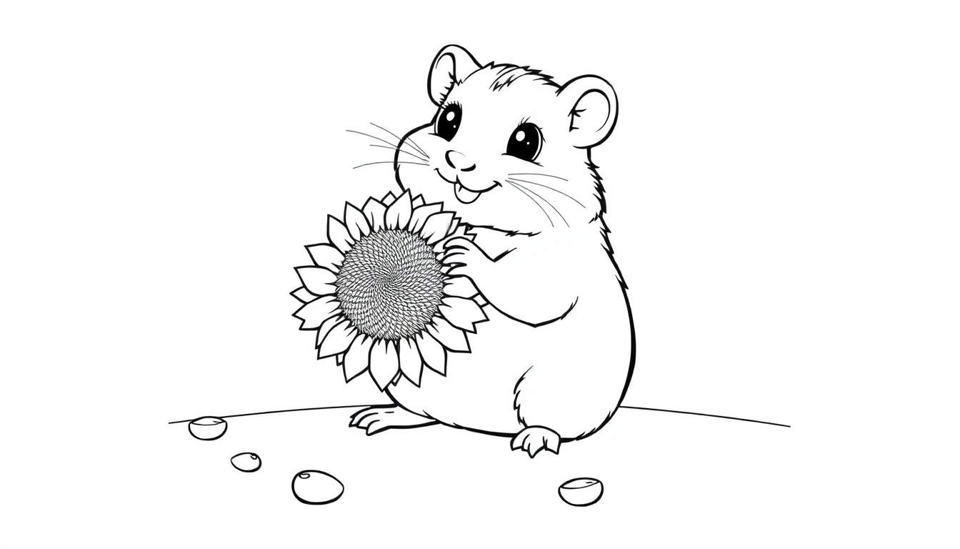 Placa de color de un hámster de dibujos animados sentado con un girasol.
