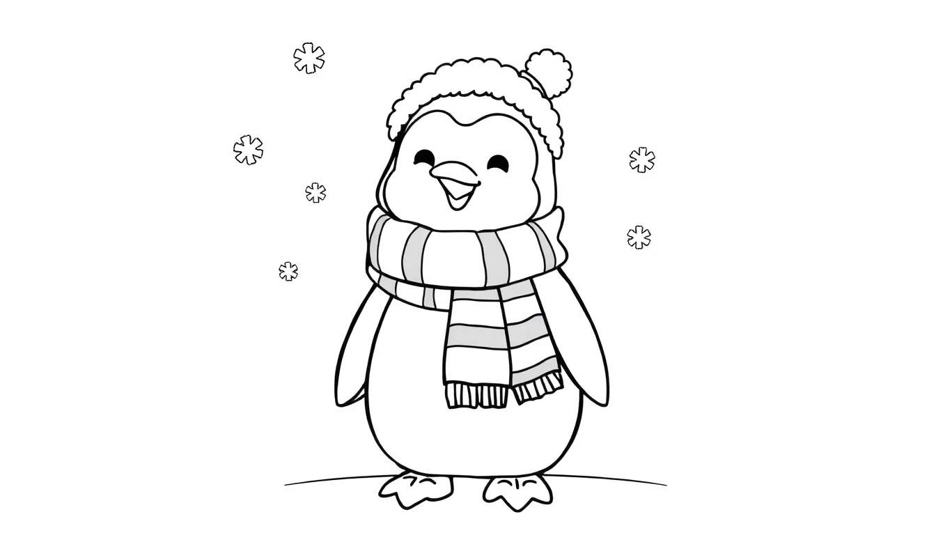 Placa de color de un pingüino amigable con gorro y bufanda en la nieve.