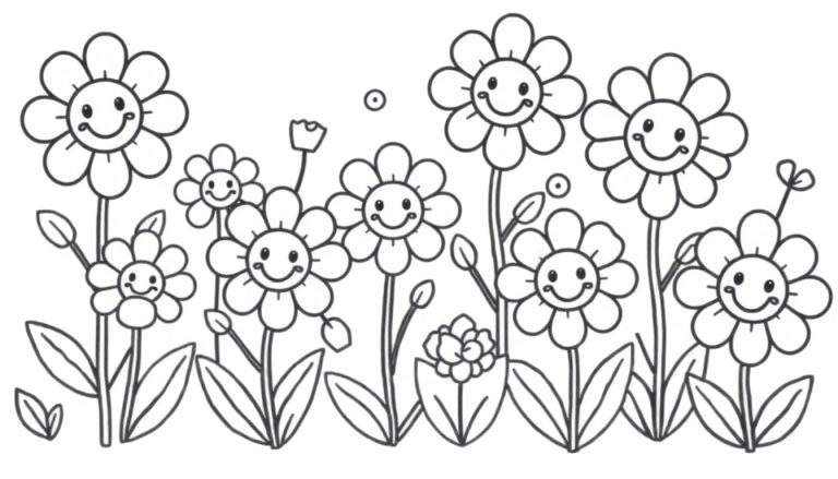Placa de color con flores sonrientes de dibujos animados.