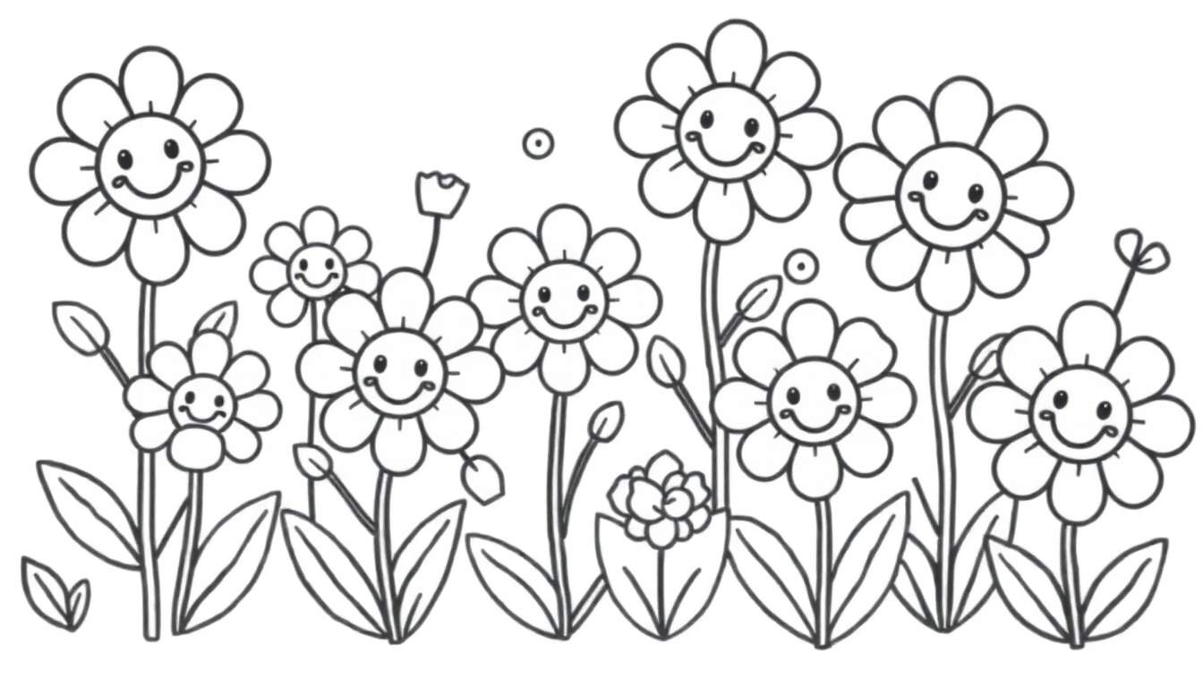 Placa de color con flores sonrientes de dibujos animados.
