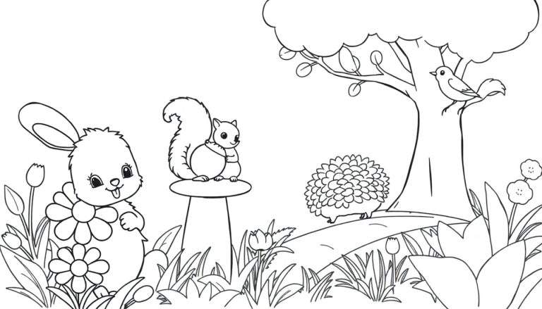 Placa de color de un jardín primaveral con animales