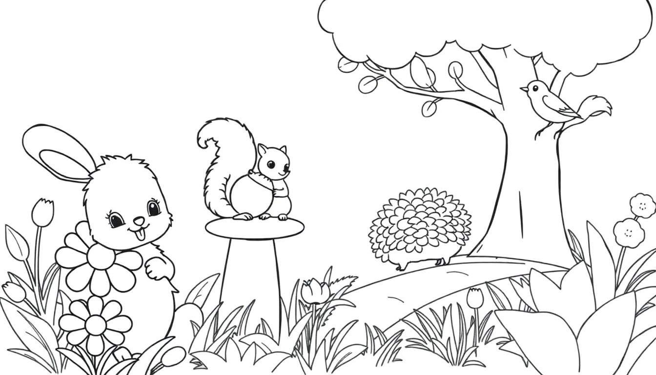 Placa de color de un jardín primaveral con animales