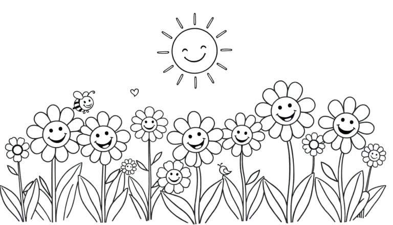 Placa de color de un sol sonriente sobre flores sonrientes.